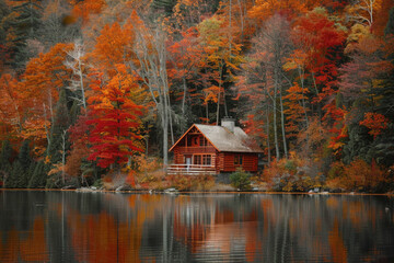 A tranquil lakeside cabin nestled amidst a forest of vibrant autumn foliage, with trees ablaze in hues of red, orange, and gold, reflecting in the calm waters of the lake.