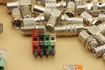 Terminals for quick connection of copper mounting electrical wires. Close-up. Soft focus.
