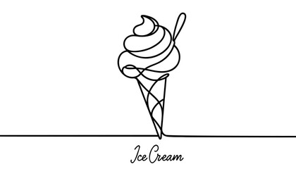 Ice cream in waffle cone in one continuous line drawing. Symbol dessert.