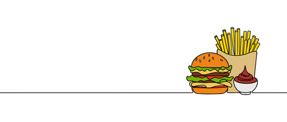 Burger and french fries takeout food in continuous line art drawing style. Fast food isolated on white background.