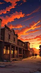 Fototapeta premium Wild west town sunset scene, landscape anime illustration background