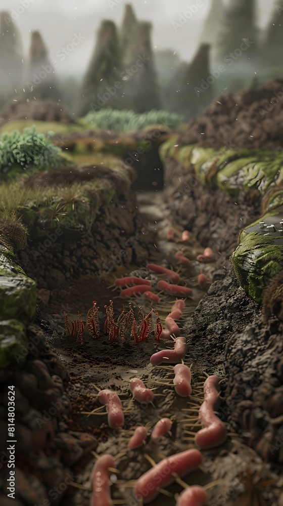 Poster microbial interactions in a vibrant soil ecosystem depicted through intricate 3d visualization