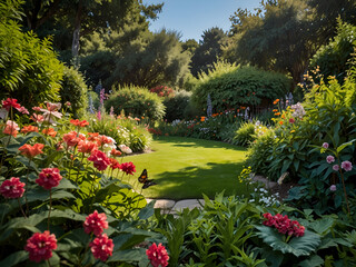 Obraz premium A lush garden in full bloom during the summer months, with a variety of flowers, trees, and plants.