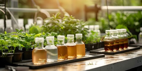 Hydroponic Farmers Workbench: Plant Samples and Nutrient Solutions up Close. Concept Hydroponic Farming, Workbench, Plant Samples, Nutrient Solutions, Up Close View