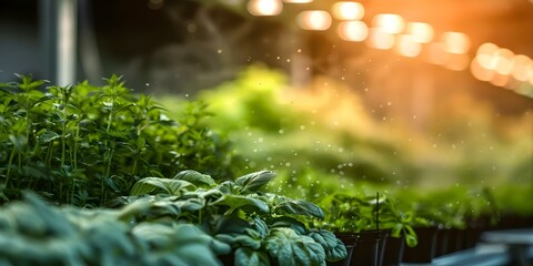 Hydroponic farm with LED grow lights and mist system established. Concept Hydroponic Farming, LED Grow Lights, Mist System, Sustainable Agriculture, Indoor Farming