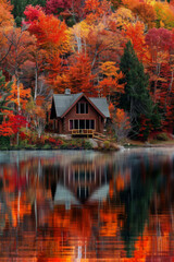 Fototapeta premium A tranquil lakeside cabin nestled amidst a forest of vibrant autumn foliage, with trees ablaze in hues of red, orange, and gold, reflecting in the calm waters of the lake.