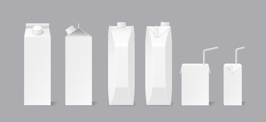 Blank drink packs of different sizes realistic vector illustration set. Liquid products recyclable packaging 3d objects on grey background