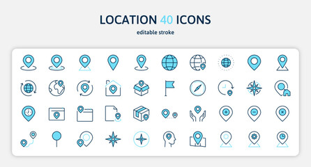 Location line 40 color blue icons set. Point, map, gps navigator, geolocation sign or symbol. Isolated on a white background. Pixel perfect. Editable stroke. 64x64.