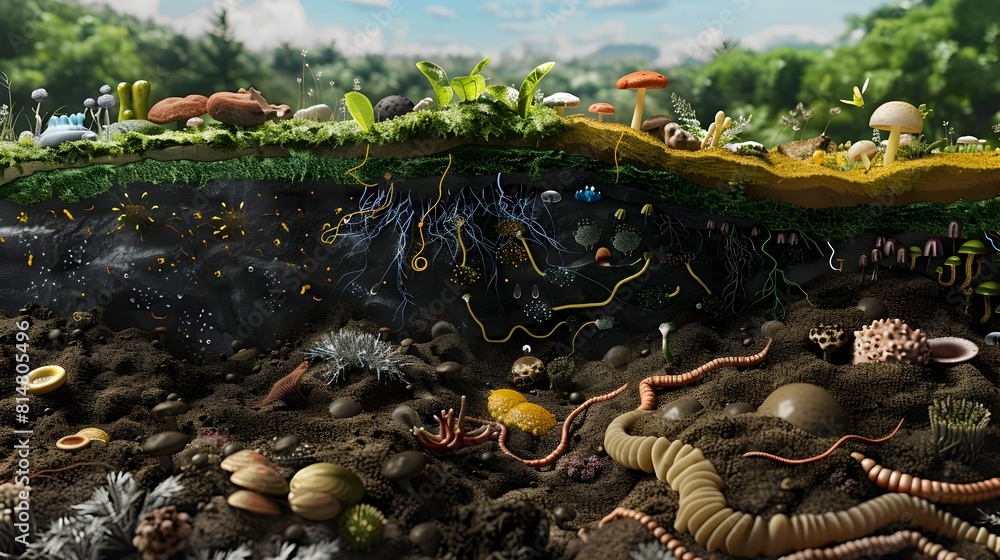 Poster visualizing the symbiotic roles of fungi and bacteria in the composting ecosystem