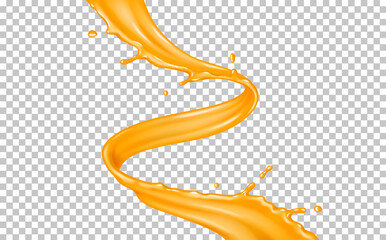 Fresh orange juice spiral flow strip realistic vector illustration. Healthy product. Natural drink swirl in motion 3d object on transparent background