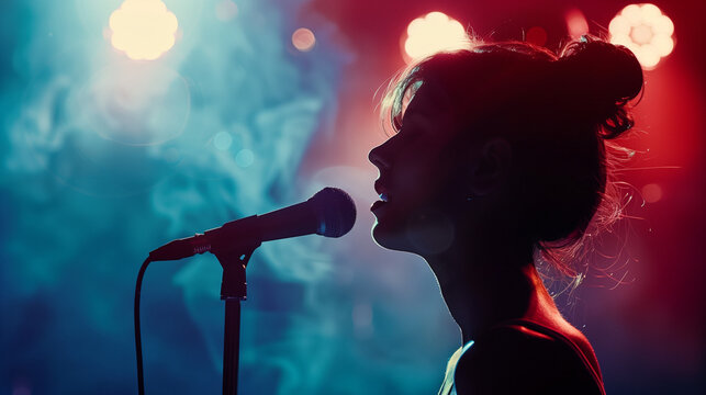 portrait of a singer on the stage in colored light and smoke