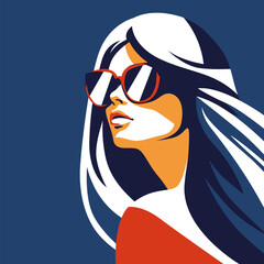 Fashionable girl. Young beautiful fashion woman with sunglasses Abstract female portrait, contemporary design, vector illustration drawing in five colors