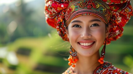 Fototapeta premium Portrait of an Indonesian woman wearing traditional Balinese cultural clothing dress with lots of gold ornaments or props. Green rice terrace background. Place for text. Ethnic traditional costume