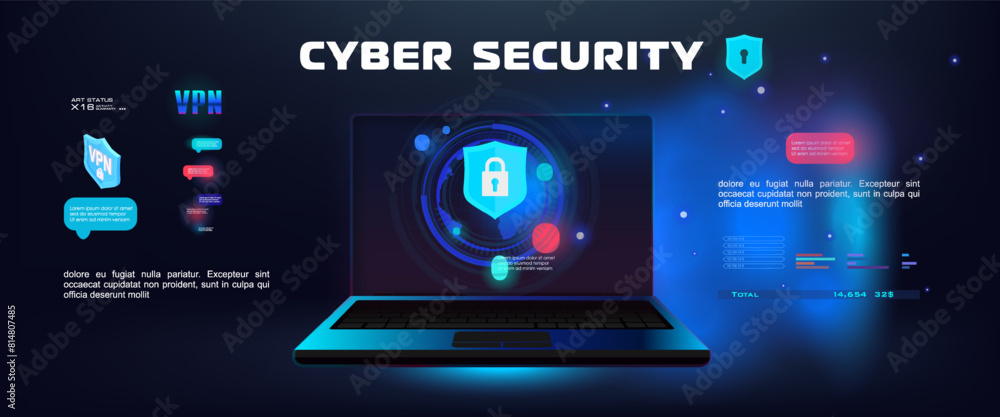 Poster cyber security concept. laptop with protection against, viruses and cyber hacking personal data. saf