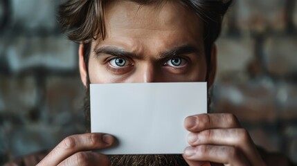 A man stares intensely at a blank card, seemingly using ESP to determine its contents, illustrating extrasensory perception.