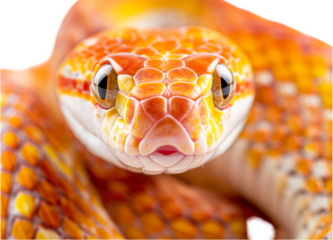 A close-up of an orange and yellow snake, highlighting its intricate scales and large, focused eye.
