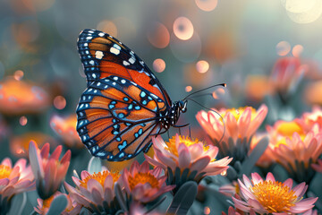 A colorful butterfly fluttering among blooming flowers, spreading pollen as it flits from one blossom to another. Concept of insect pollination and floral diversity. Generative Ai.