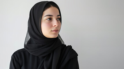 Naklejka premium Hijab beauty muslim woman, black hijab muslim fashion modest and stylish, space background