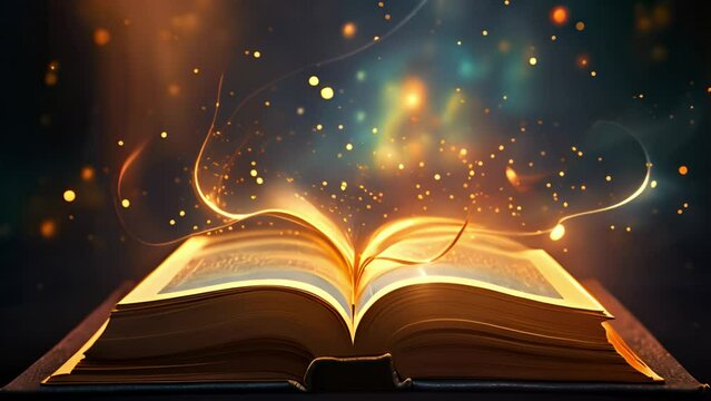 Book Magic of Fairy Tales and Mystic Stories. With Glowing Light Rays and Flying Dust Particles. Flashing optical flare intro