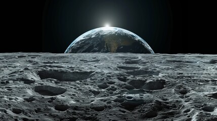 Moon surface in dark sky seen from space, lunar craters and rough terrain in outer space