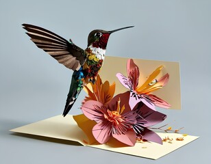 Illustration of  3Dpaper greeting card with flowers and a hummingbird over them  