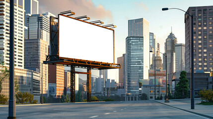 A billboard in front of a modern city skyline displays an advertising mockup