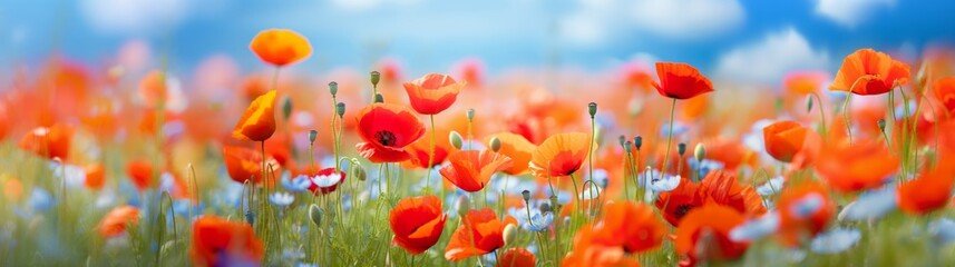 Beautiful closeup of poppies poppy Papaver rhoeas flowers in nature. Natural spring summer landscape with red poppies