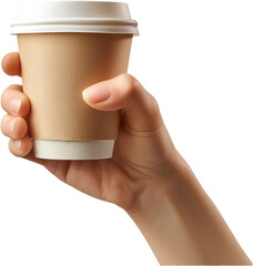 A hand holding a brown disposable coffee cup with a white lid.
