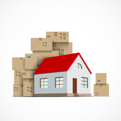 House next to a stack of cardboard boxes for moving. Isolated on a white background. Stock vector illustration