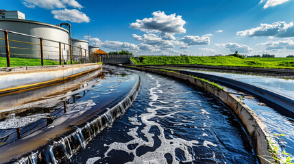 Black water is seen flowing through the industrial water treatment plant, highlighting the process of cleaning and ecological impact