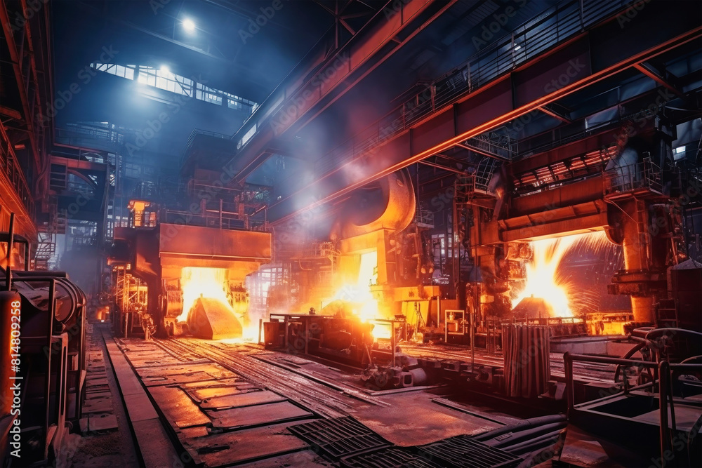 Poster a sprawling factory filled with towering structures and intricate machinery, producing steel in a me