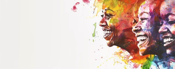 Happy group of diverse multi-racial, multi-ethnic people laughing together in energetic watercolor style