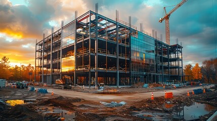 Construction site with crane lifting steel beams into place It shows the skeleton of the new building.