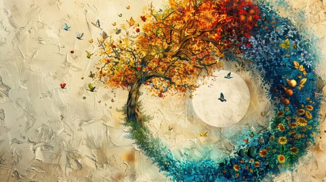 An illustration of a wheel depicting the karmic cycle, with different life forms and actions representing the continuous cycle of cause and effect.