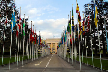 flags of countries in front of UN Office in Geneva (Switzerland)