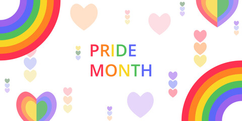 Horizontal banner with hearts and rainbows in colors of LGBT on white background. Pride month concept. Simple geometric shapes. Trendy design for wallpaper, background, advertisement, cover, label