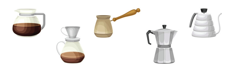 Coffee Brewing with Kettle and Jezve as Cafe Cooking Appliance Vector Set