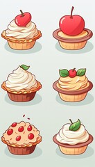 A variety of cartoon cupcakes and pies with different toppings.