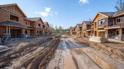 Residential construction site with wooden frame for multiple houses Highlight the scope of the project.