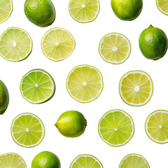 Fototapeta premium A pattern of whole and halved fresh green limes arranged against a black background. 