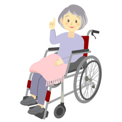 人差し指を立てるポーズをする車いすに乗った笑顔のおばあさん（全身）介護、看護、デイサービス
