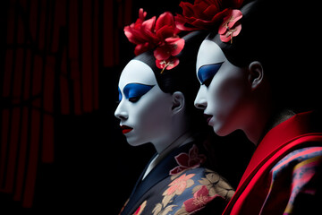 AI generated illustration of geishas in front of a red background