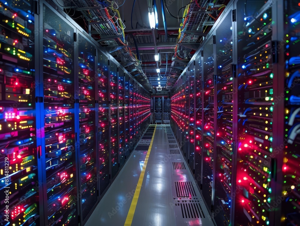 Poster a long, brightly lit hallway with rows of server racks on either side.