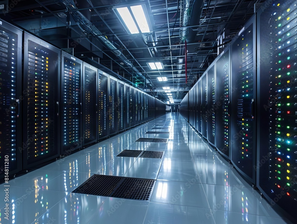 Fototapete a long, brightly lit hallway with rows of server racks on either side. the floor is made of shiny ti