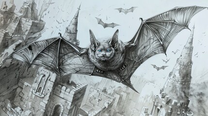 Black pencil drawing for Halloween. A majestic bat with glowing eyes gracefully flies over an ancient castle