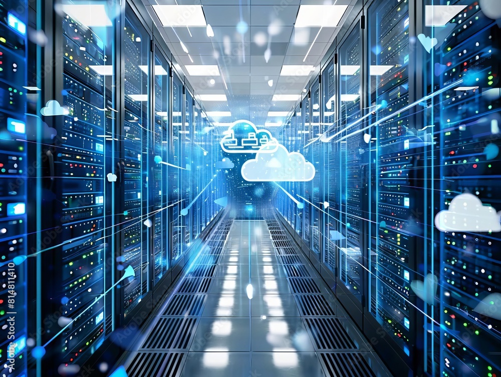 Aufkleber A large, modern data center with rows of server racks and a glowing blue cloud in the center.
