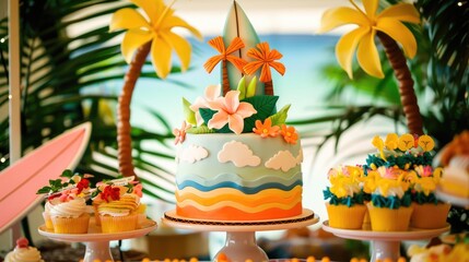 Colorful beach themed birthday party with colorful cake and cupcakes surrounded by beach decor, shells and sand