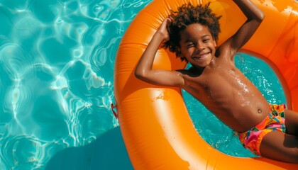 Smiling Black Boy on Orange Float in Pool