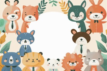 Obraz premium A white circle in the center of an illustration surrounded by cartoon animals wearing business attire.