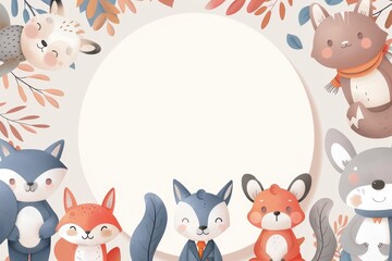 Obraz premium A white circle in the center of an illustration surrounded by cartoon animals wearing business attire.